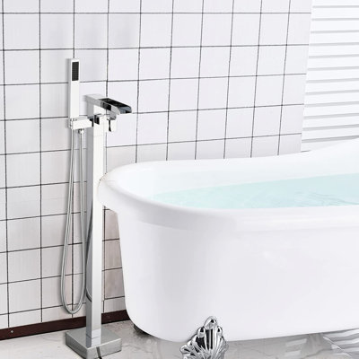 Stylish Brushed Gold Tub Filler - Floor Mount With Waterfall Spout And Convenient Hand Shower Bathroom Faucet User- Handheld For Comfort