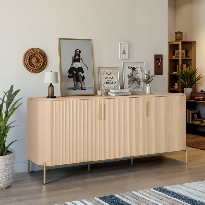 3 Door Sideboard Buffet Cabinet, Kitchen Storage Cabinet with Fluted Decorated Doors, Cupboard Console Table, Accent Liquor Sideboard with Hexagonal Design