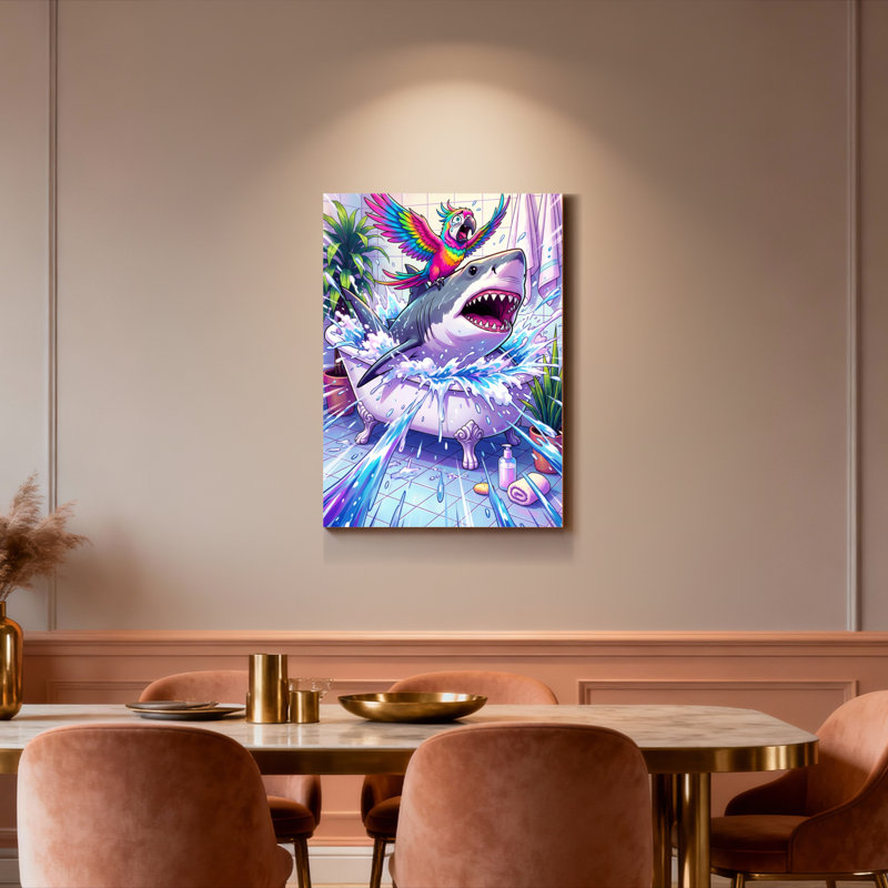 Ensemble de 1 tableau sur toile représentant un requin et un perroquet dans une baignoire, H 24 po x l 16 po