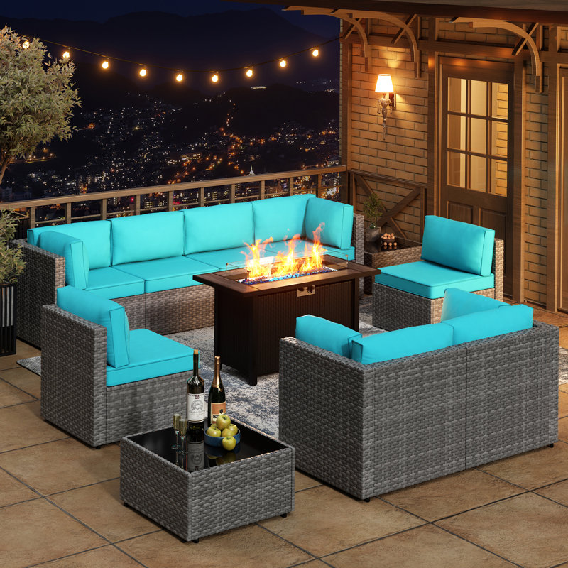  11-Piece Outdoor Furniture Seating Group with Fire Pit Table, Blue, Silver