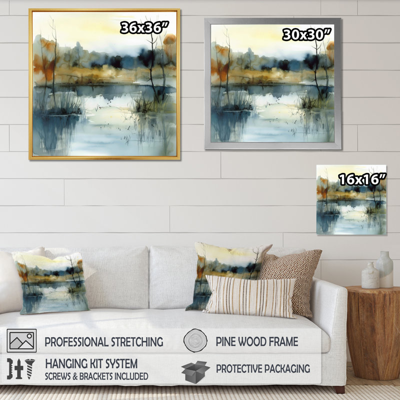 Summer Lake Landscape Illustration VI Framed On Canvas Print, 24" H x 24" W, Black Picture Framed