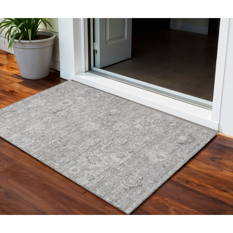 3' X 5' Gray And Silver Damask Washable Indoor Outdoor Area Rug