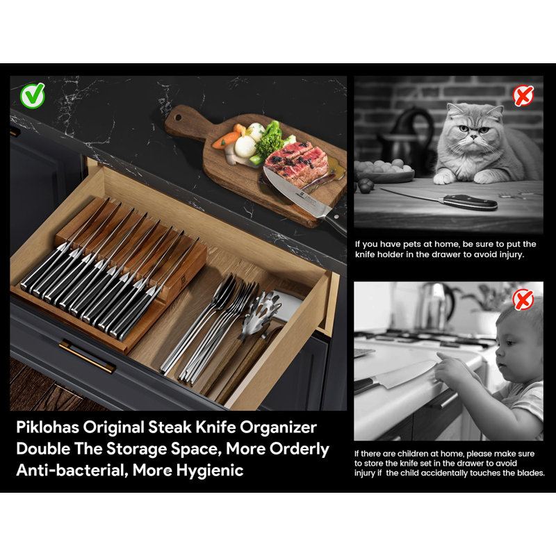 MODERN WALLS LLC Steak Knives Set Of 8 With Drawer Organizer, 4.5 Inch Non Serrated Dinner Knife, Forged German Steel Damascus Pattern Straight Edge Meat Knife With Full Tang Handle, Dishwasher Safe