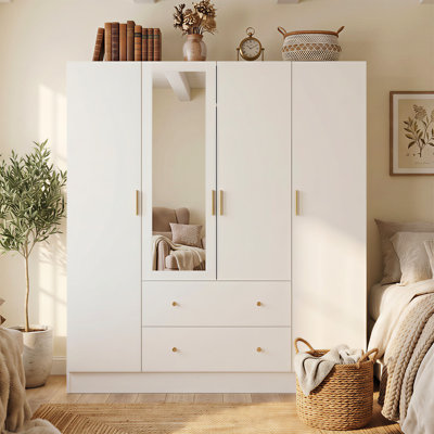 63" Wide Wardrobe Armoire with Mirror Panel, 2 Hanging Rods, 7 Shelves and 2 Drawers for Bedroom Closet Storage