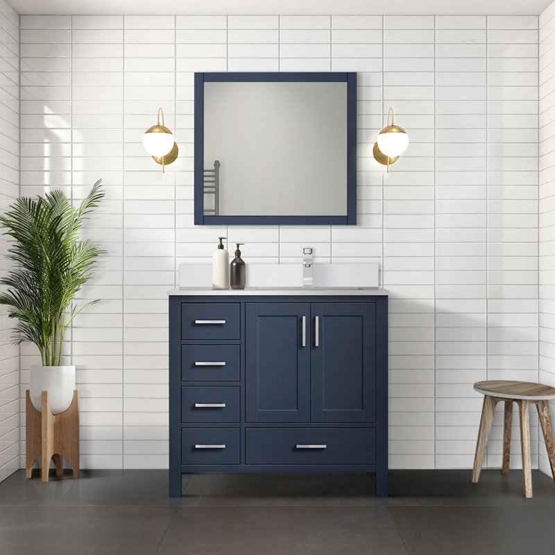 Bath Vanity with Right Offset White Quartz Top and Faucet Set, Navy Blue