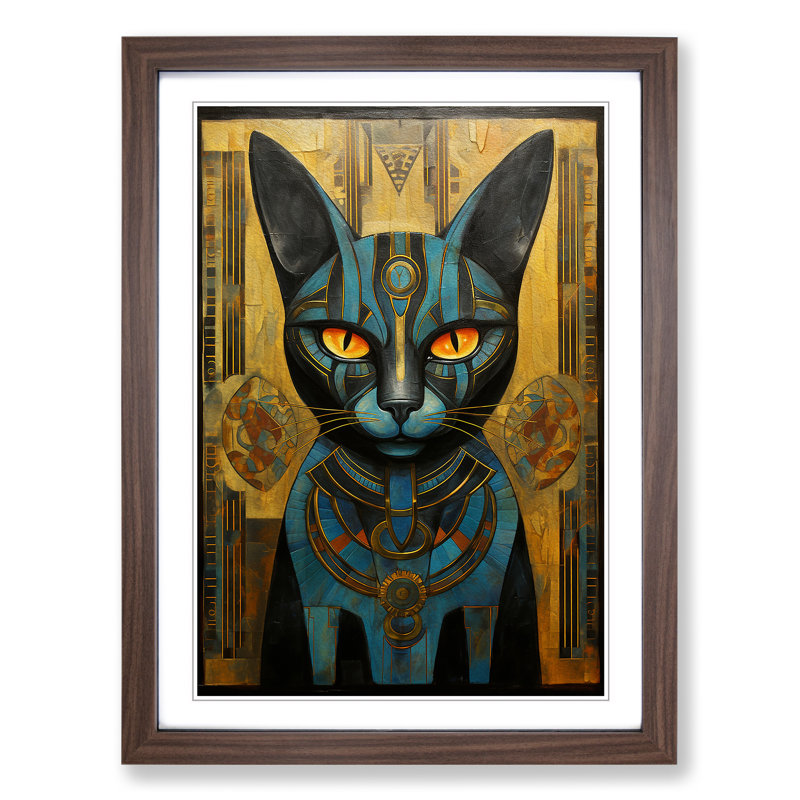 XYZ-FRM-V1223-596 Egyptian Cat Art Deco - Single Picture Frame Print on Wood, 64cm H x 46cm W x 2cm D, Walnut