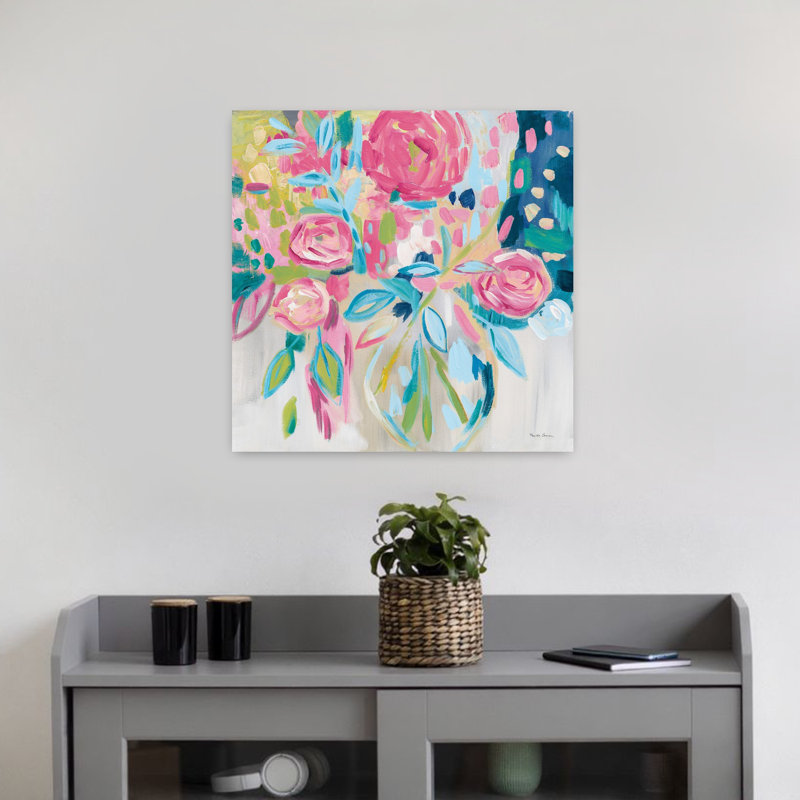 Art contemporain floral rose d'été avec bouquets bleus, H 18 po x l 18 po