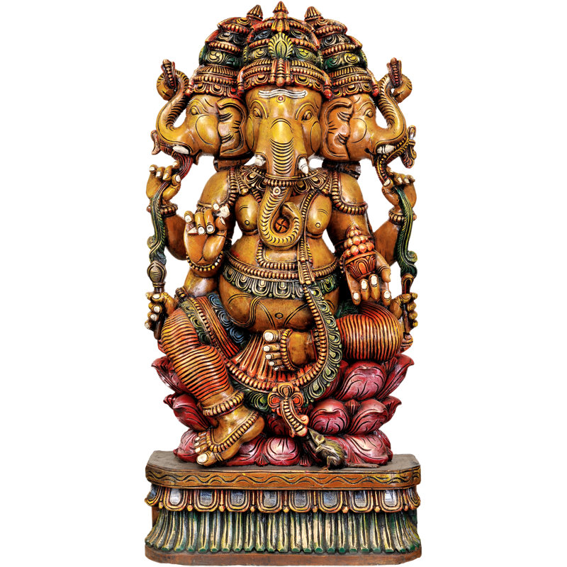 Sculpture en bois 48 po Tri-Mukha Kamalasana Ganapati - Temple de l'Inde du Sud sculptant Ganesha à trois faces sur un trône de lotus, statue inspirante d'un autel