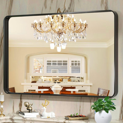 Large 55 x 30 Inch Black Framed Wall Mirror, Rounded Corners, for Living Room, Bathroom, or Foyer