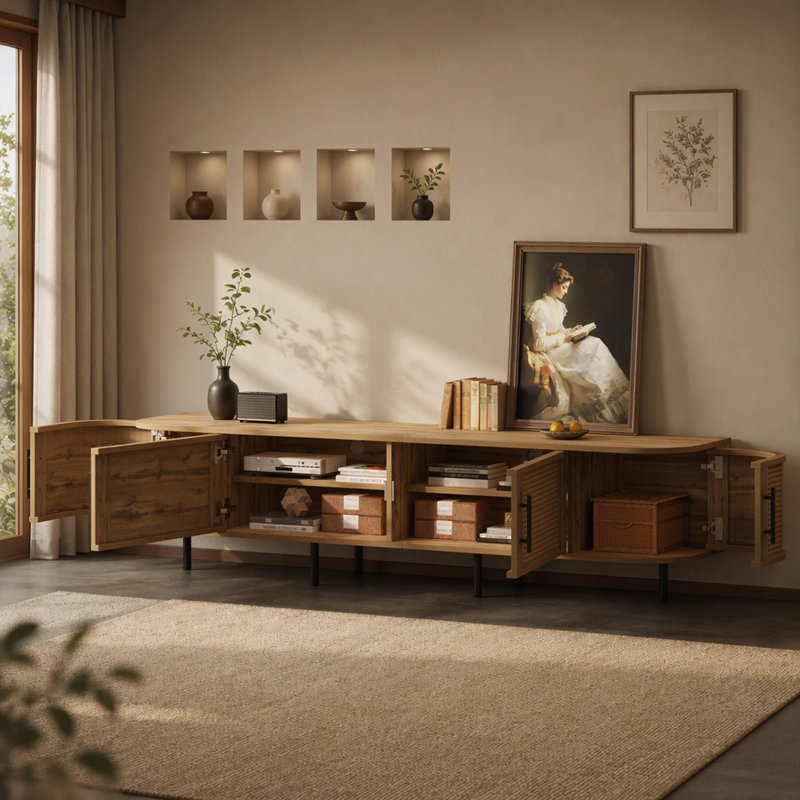 Meuble télé 70 po avec portes en rotin pour téléviseur de 80 po ou moins, console multimédia avec espace de rangement et trous pour câbles, meuble audio-vidéo pour salon