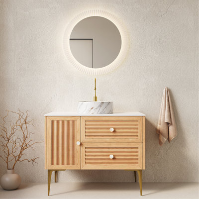 Meuble-lavabo de 36 po avec lavabo, armoire de rangement autoportante en contreplaqué avec 4 pieds en métal, porte et 2 tiroirs, lavabo en céramique blanche avec motif de pierre, sans robinet, pré-assemblé, couleur grain de bois de chêne