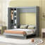 Lit escamotable double pleine grandeur avec tablettes, garde-robe et lumières DEL, gris-36907977-36907976