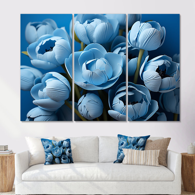 «Azure Blue Tulips Bloom I», ensemble d'art mural sur toile, Toile tendue, H 40 po x l 60 po x P 1 po