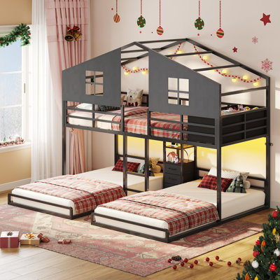 Triple lit superposé simple avec maison, 4 tiroirs de rangement, station de charge et lumières à DEL, lit superposé en métal avec barrière de sécurité de H 13,4 po, rideau de jeu, lit en forme de maison de bricolage