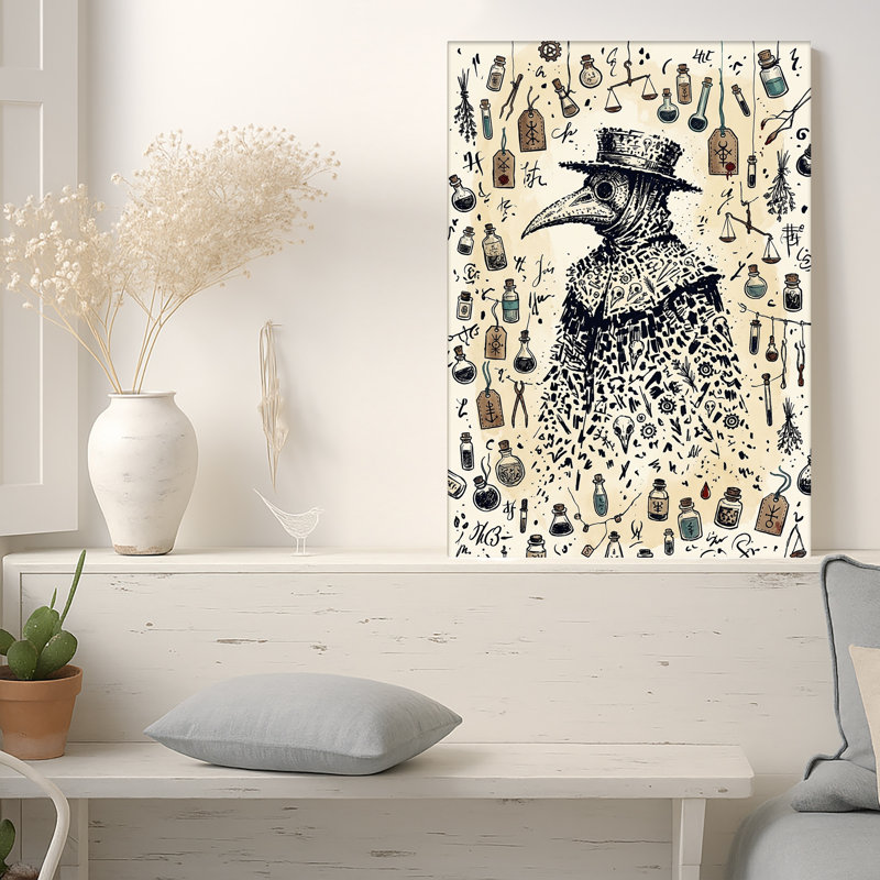 Raven Plague Doctor in Sepia Alchemical Sketch Canvas Wall Art, 40"H x 28"W