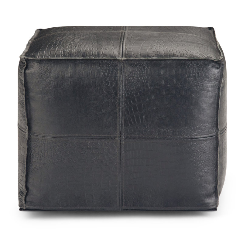Bowen 18"W Handcrafted Genuine Leather Boho Square Pouf with Polystyrene Filling, Black Genuine Leather, Genuine Leather