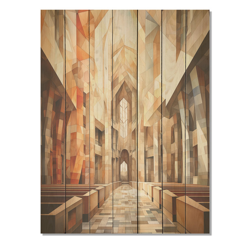 Cubiste de la chapelle, paysage religieux I - Église sur bois, H 44 po x l 34 po