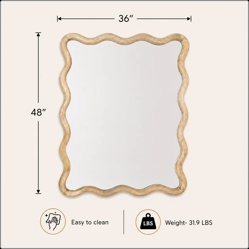 Miroir mural ondulé avec cadre en bois de manguier et motif festonné