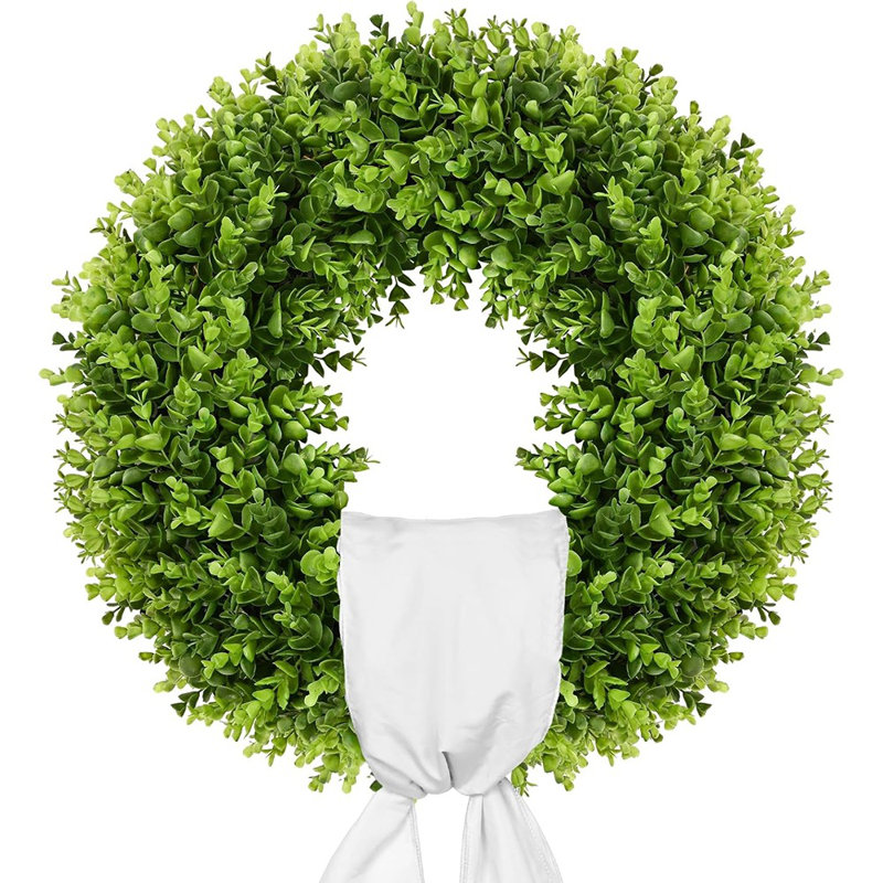 Couronne de buis - vert - couronne de porte avant artificielle avec nœud écossais et ceinture pour décoration murale ou de porte, décoration de printemps et d'été