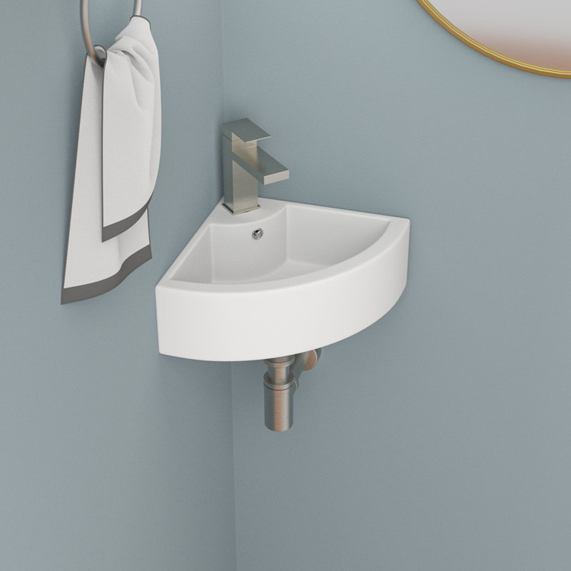 18" x 13" White Ceramic Specialty Small Corner Wall Mount Bathroom Sink with Faucet Hole and Overflow