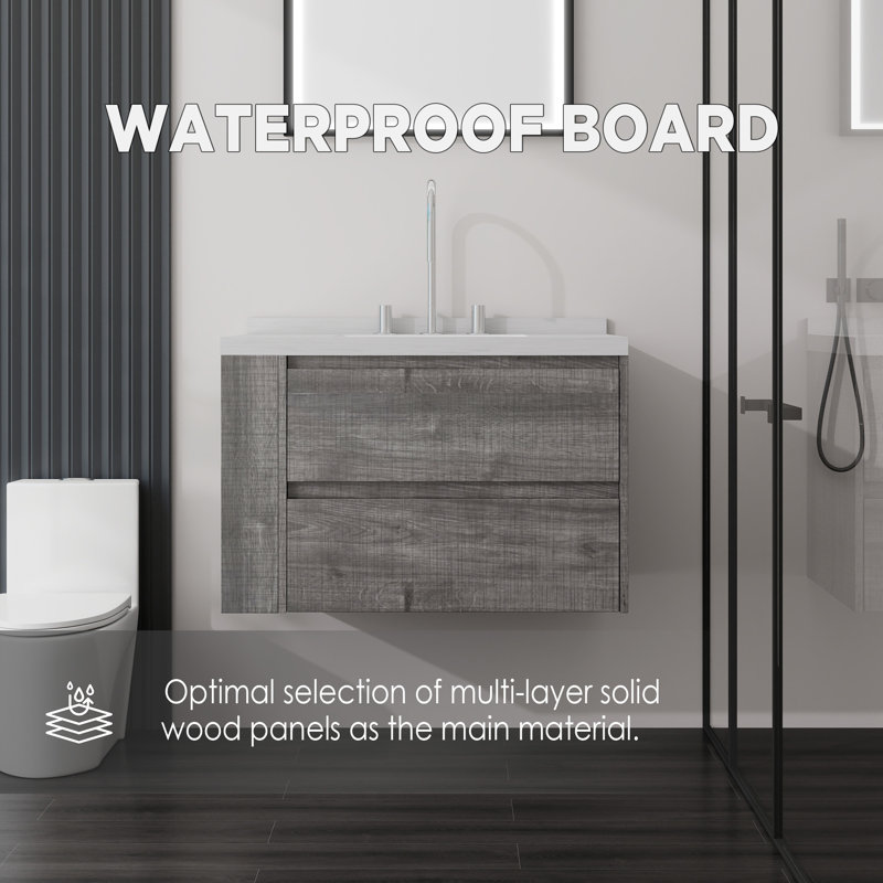 Meuble-lavabo flottant avec lavabo et tiroir à fermeture en douceur, comptoir en marbre de Carrare, contreplaqué, gris, Gris