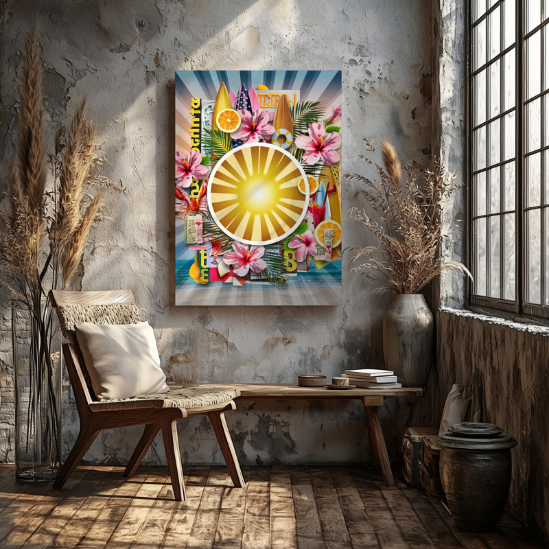 Reproduction d'art sur toile, "Collage d'été éclatant de couleurs" avec art solaire au centre Rayons d'or rayonnant entouré d'art sur toile