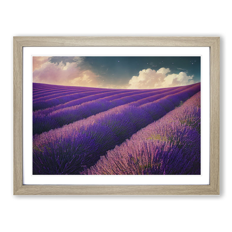 Contemporary Lavender Flower Field - Framed Print, 25cm H x 34cm W x 2cm D, Oak