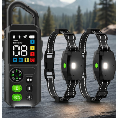 Train 2 medium or large dogs with this remote-controlled 2-in-1 bark-and-shock collar system for 15-110lb dogs; automatic bark control is selected on the remote, with a 990ft range, IPX7 waterproofing, and an LED light.