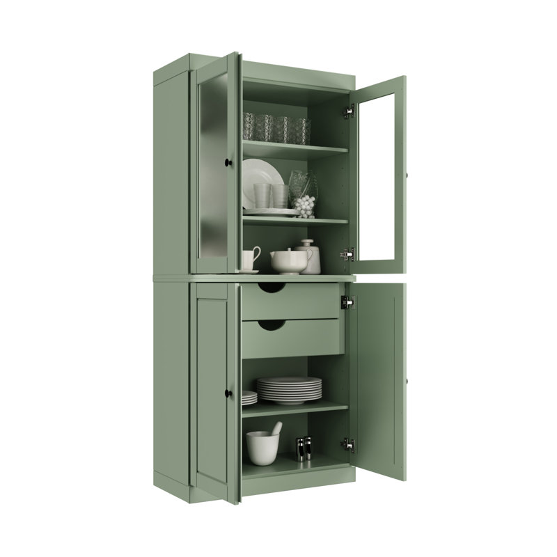 Garde-manger 100% bois massif 32 po avec verre givré, portes solides, 2 tiroirs et tablettes réglables, Sauge