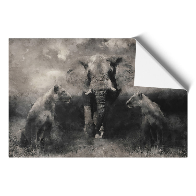 Elephant with Lions Painting - Frameless Print, 21cm H x 30cm W x 0.1cm D