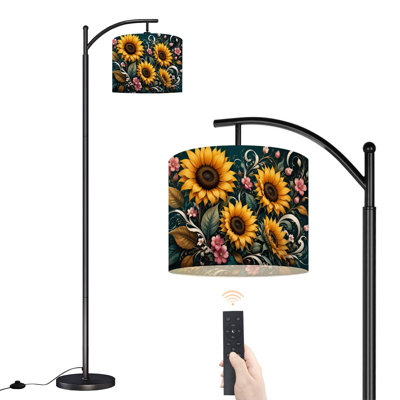 PeeNoke Arc Floor Lamp Seamless sunflower bouquets navy blue Watercolor drawing fabric Tall Modern Standing Lamp LED Adjustable Linen Lampshade 3 Color Temperatures