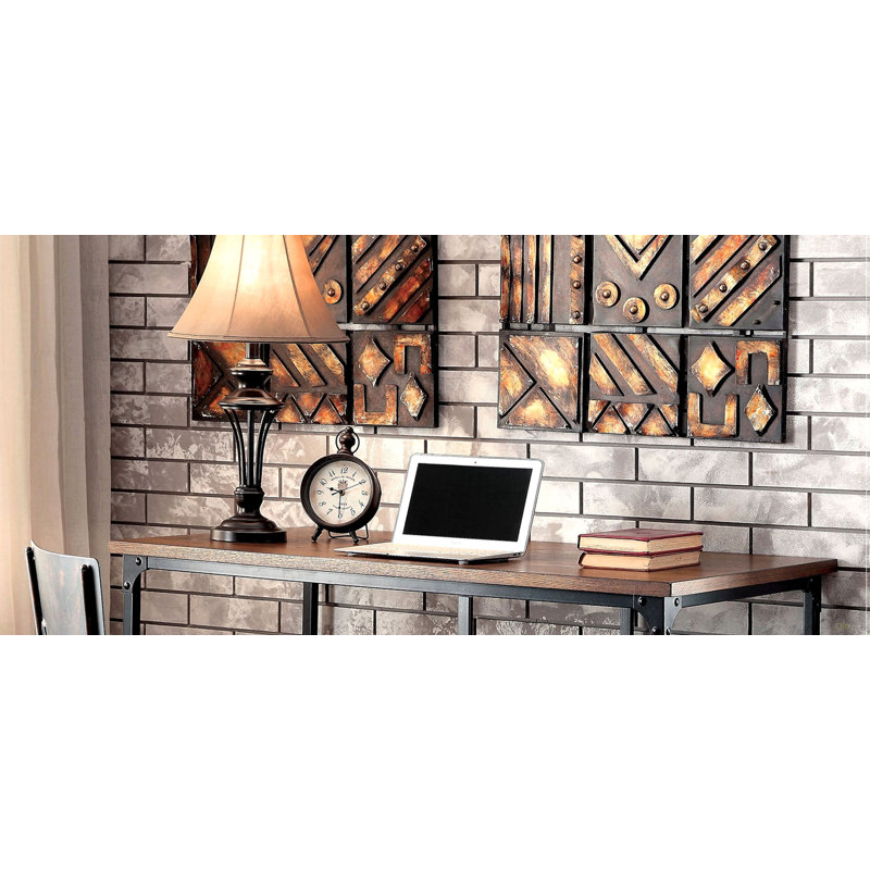 Industrial Inspired Desk With An Antique Metal Construction Replicated Wood Top And Caster Wheel Accents