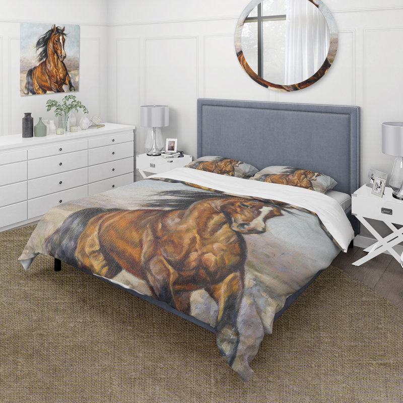 Portrait d'un cheval dans la course - Ensemble de housse de couette Farmhouse - Microfibre de polyester