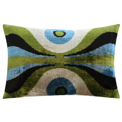 Handmade Retro Geometric Silk Velvet Throw Pillow - 16X24, Green And Blue With Down Feather Insert