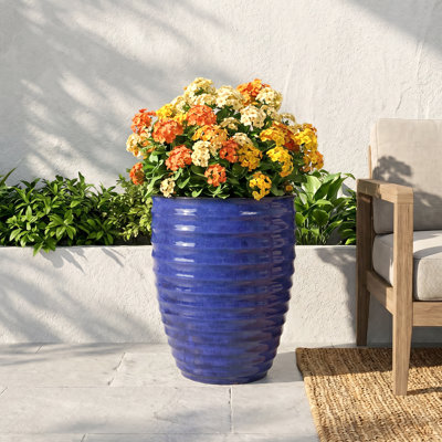 Pot de fleurs artisanal en céramique de 43 cm (17 pouces), bleu sarcelle et cyan à motif de losanges, pot en argile respirant pour Monstera deliciosa et figuier lyre, usage intérieur/extérieur