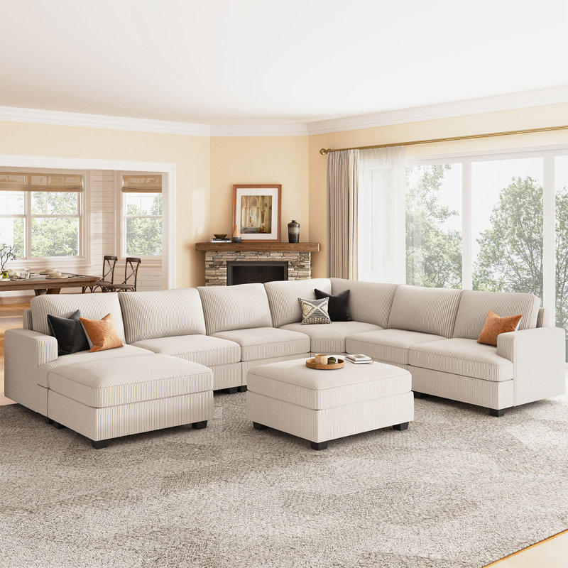 Grand canapé modulaire en U avec repose-pieds Anureet, Velours côtelé beige