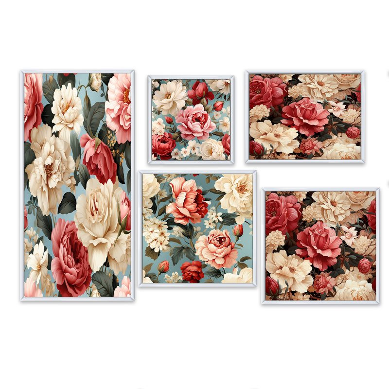 Motif floral rétro rose et bleu - ensemble de 5 reproductions d'art sur toile florales, Cadre flottant blanc