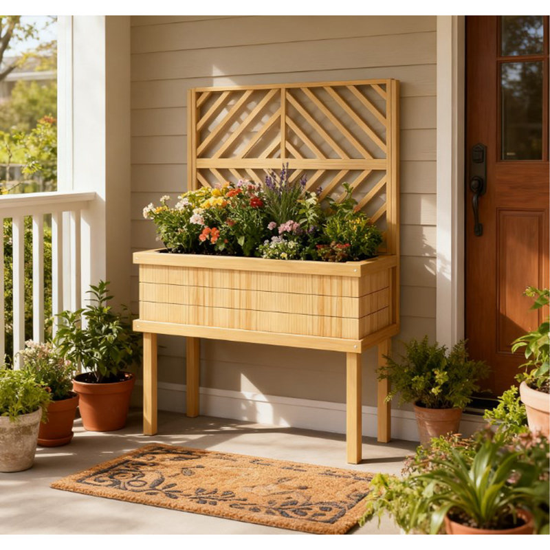 Self-Draining Raised Garden Bed,Elevated Wood Planter With Trellis For Climbing Plants,With Legs And Drainage Holes