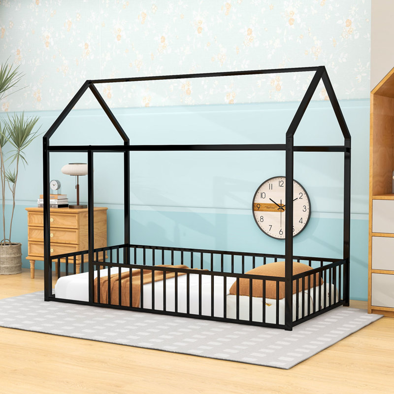 Twin Metal House Bed With Roof And Guardrails, Black