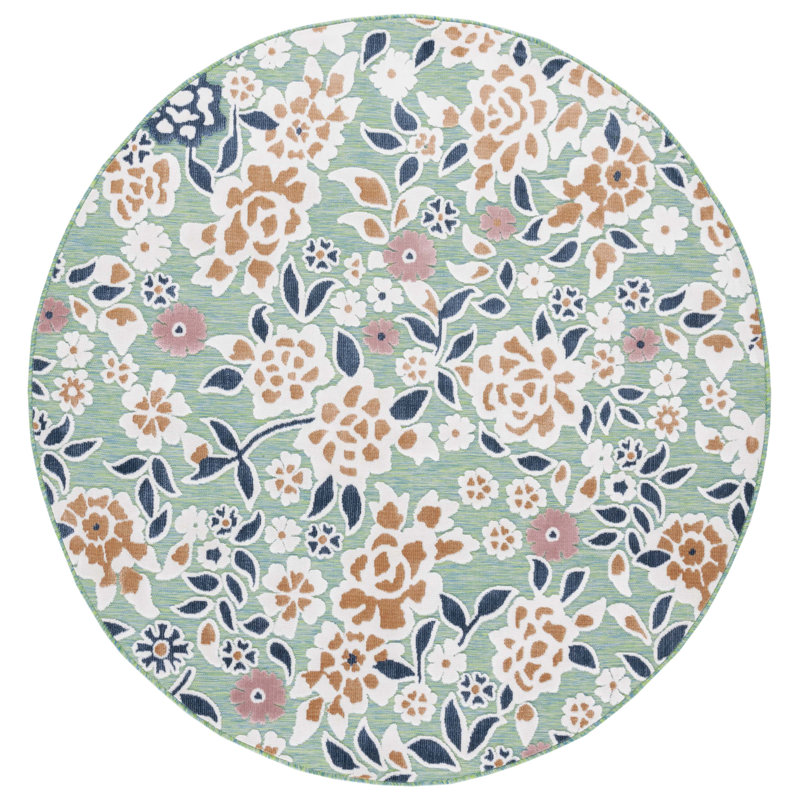 Savoy Floral Green/Navy/Pink Indoor / Outdoor Area Indoor/Outdoor Area Rug, Round 4'