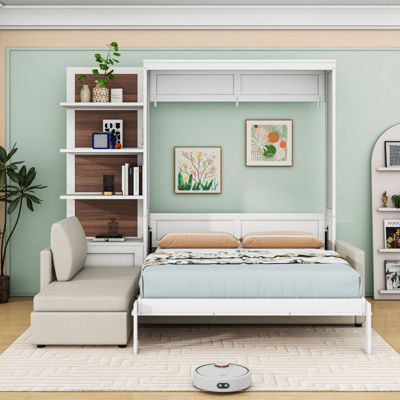 Grand lit escamotable avec canapé et tablettes, Blanc