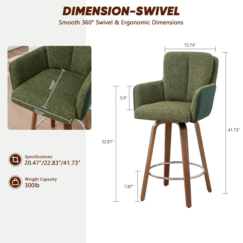 Swivel Yes Upholstered Bar Stool with Solid Wood Frame, Green