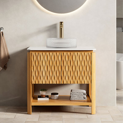 Meuble-lavabo SHARMA 76 cm (30 po), meuble de rangement autoportant en contreplaqué avec 2 portes à texture bambou et étagère ouverte, lavabo rond en verre transparent et comptoir en pierre frittée de Carrare