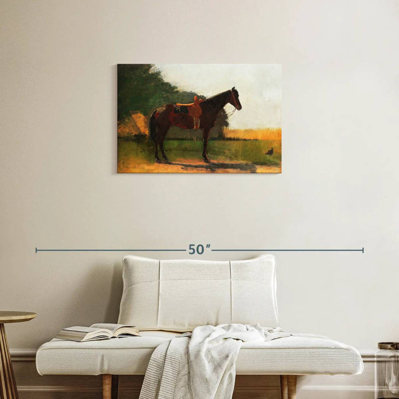 Cheval de selle dans une cour de ferme, H 20 po x l 30 po