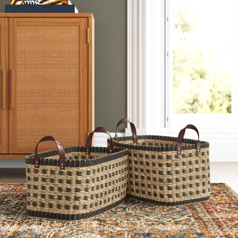 Wood Handmade Two Toned Storage Basket with Handles