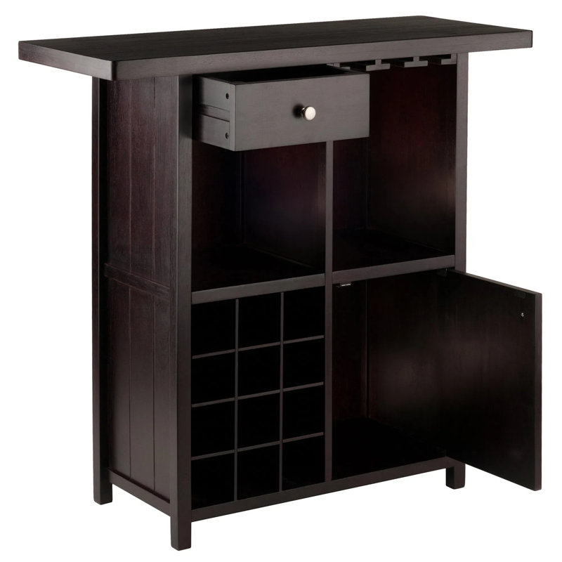 Armoire à vin autoportante transitionnelle en bois massif et composite espresso avec porte-verres à pied, grille à vin pour 12 bouteilles, tiroir et armoire de rangement fermée