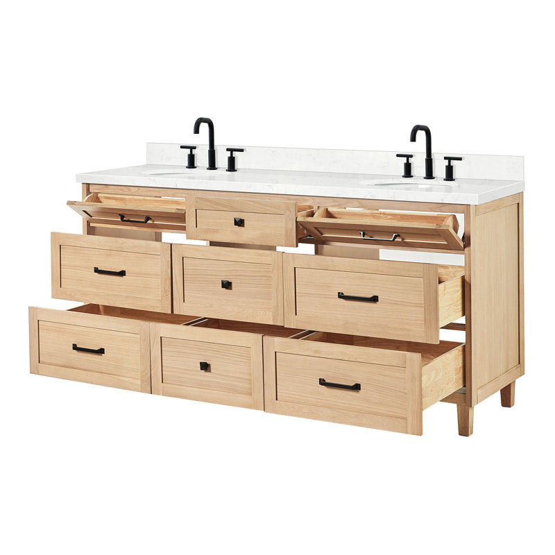 ARIEL Monrow Double Sink Bathroom Vanity with Top, Oak, 72" - 73", Carrara White Quartz