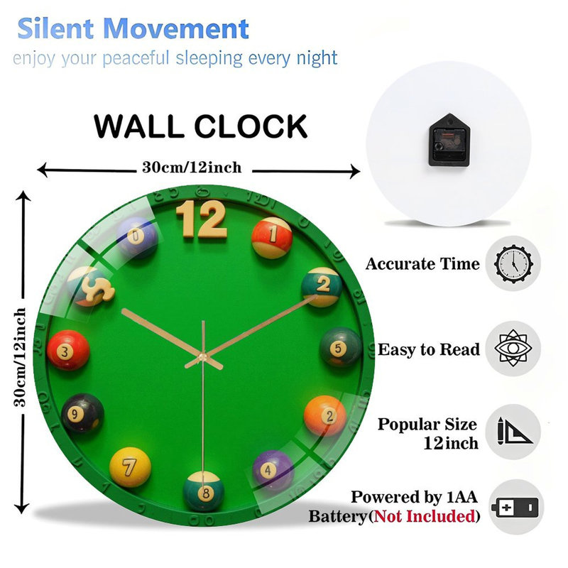 Horloge murale silencieuse en verre trempé de 30 cm, « Boules de billard colorées et amusantes pour adultes », sans tic-tac, fonctionne avec des piles AA (non incluses), décoration artistique pour la maison