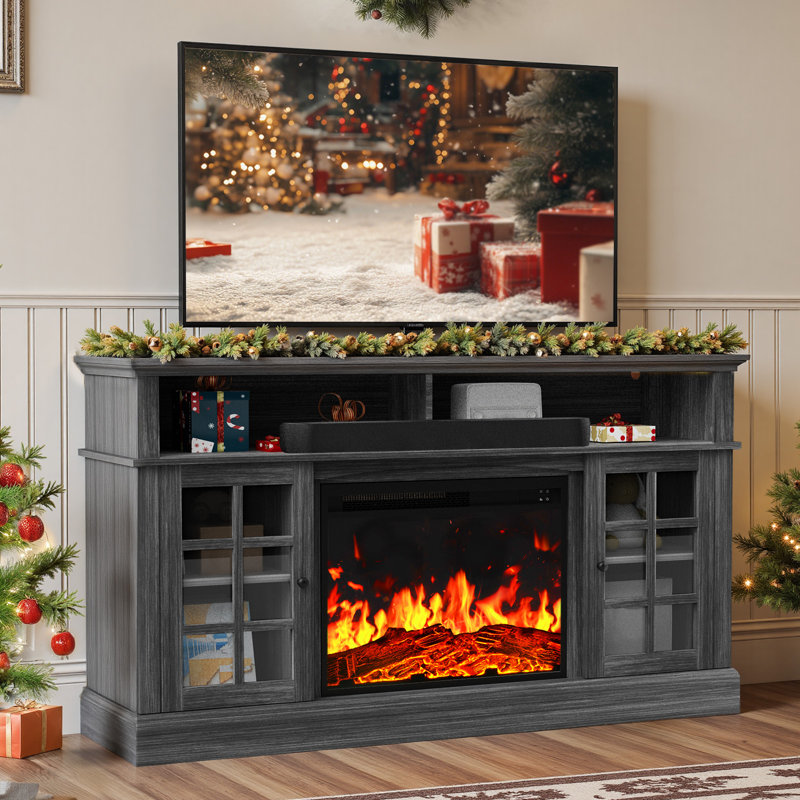 Meuble télé pour téléviseur de 75 po ou moins avec foyer électrique Anias, H 31,9 po x l 56,3 po x P 15,75 po, Gris clair