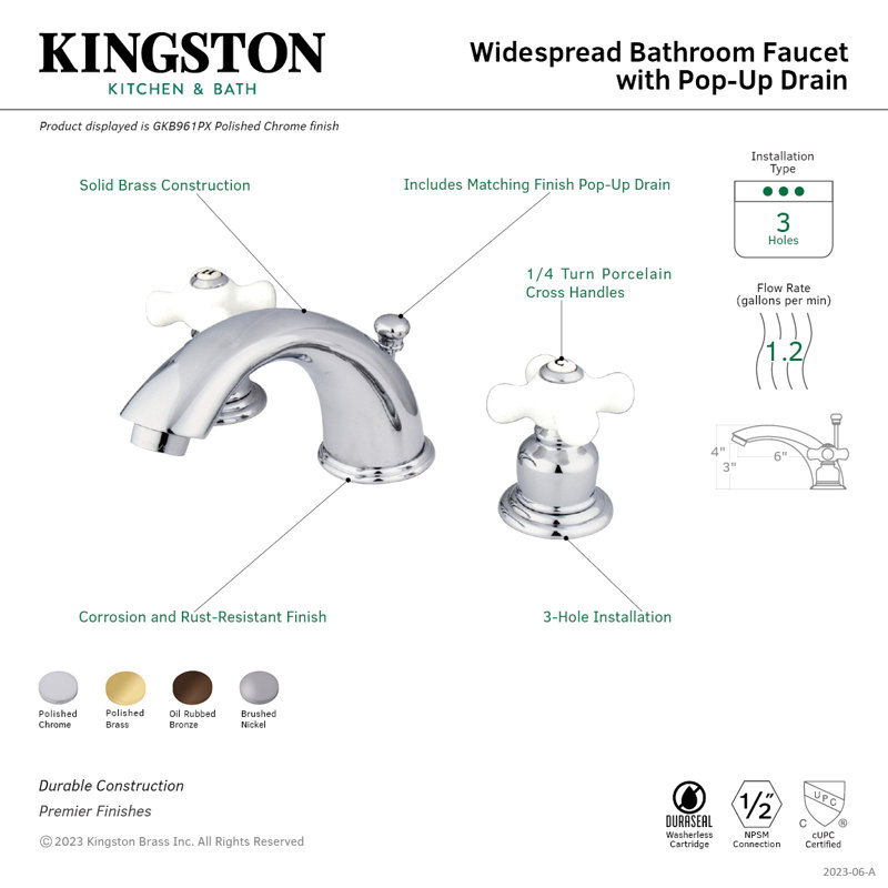 Kingston Brass English Country Two-Handle 3-Hole Deck Mount Widespread Bathroom Faucet with Retail Pop-Up Drain